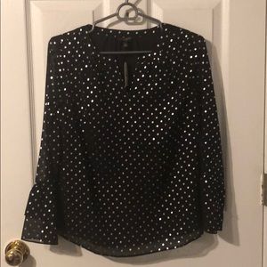 Talbots petite Black and silver polka dot top